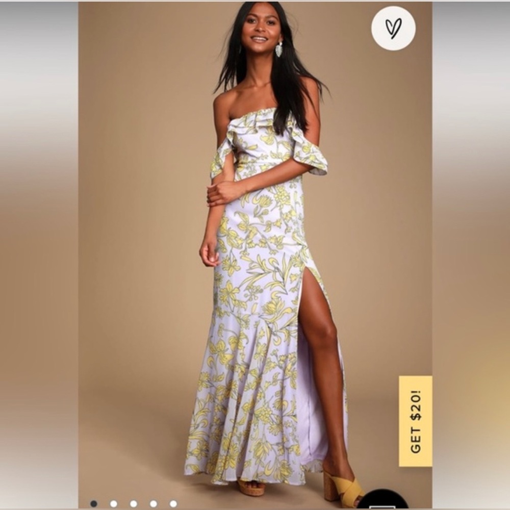 Lulus long off the shoulder dress new with tags. Purple and yellow accents